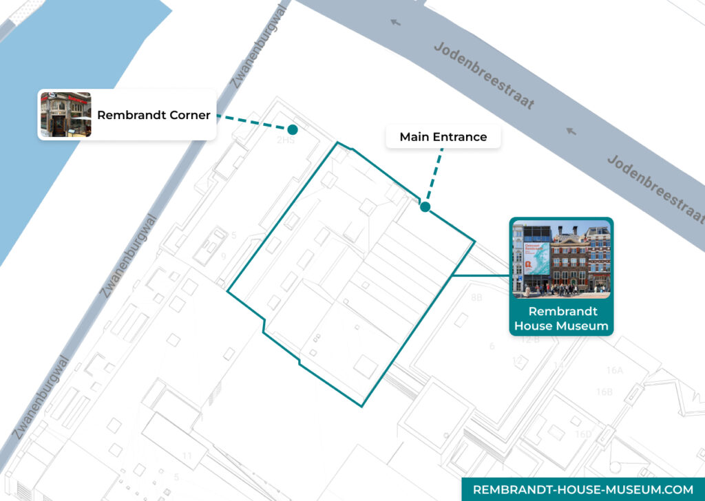 Map showing the location of the Rembrandt House Museum and Rembrandt Corner in Amsterdam, including the main entrance, Floor plan of Rembrandt House Museum